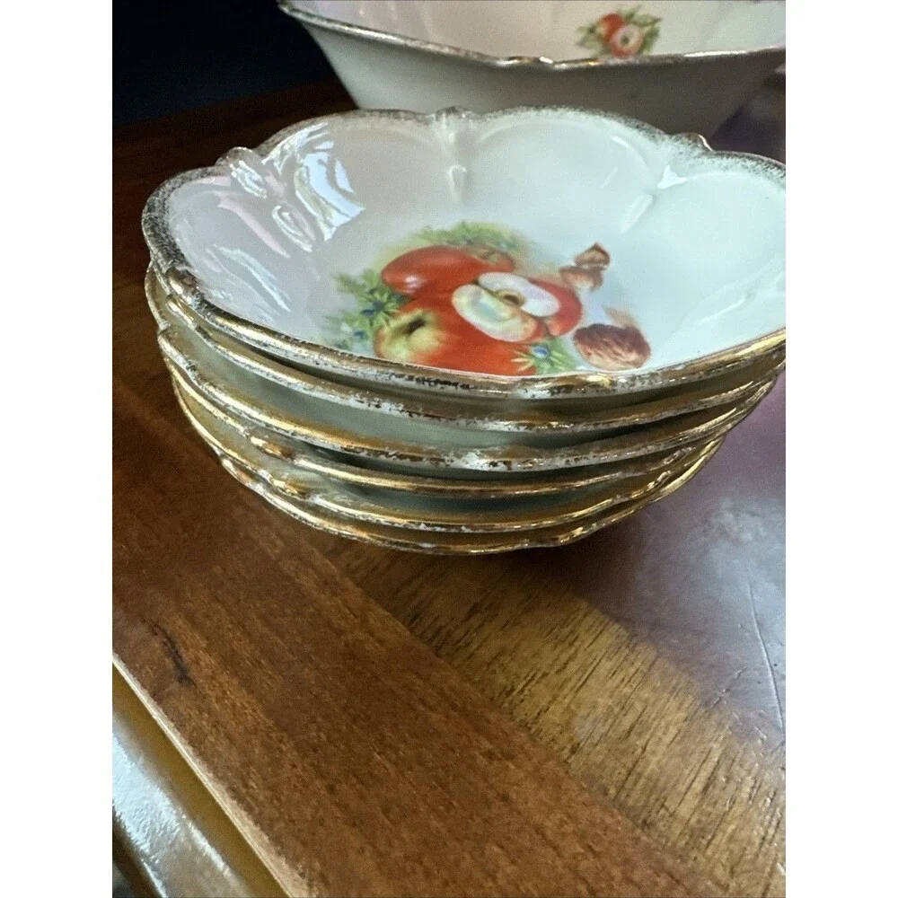 Vintage 1 Serving Bowl 6 small bowls Apples Nuts Design Scallop Edges Gold Rim
